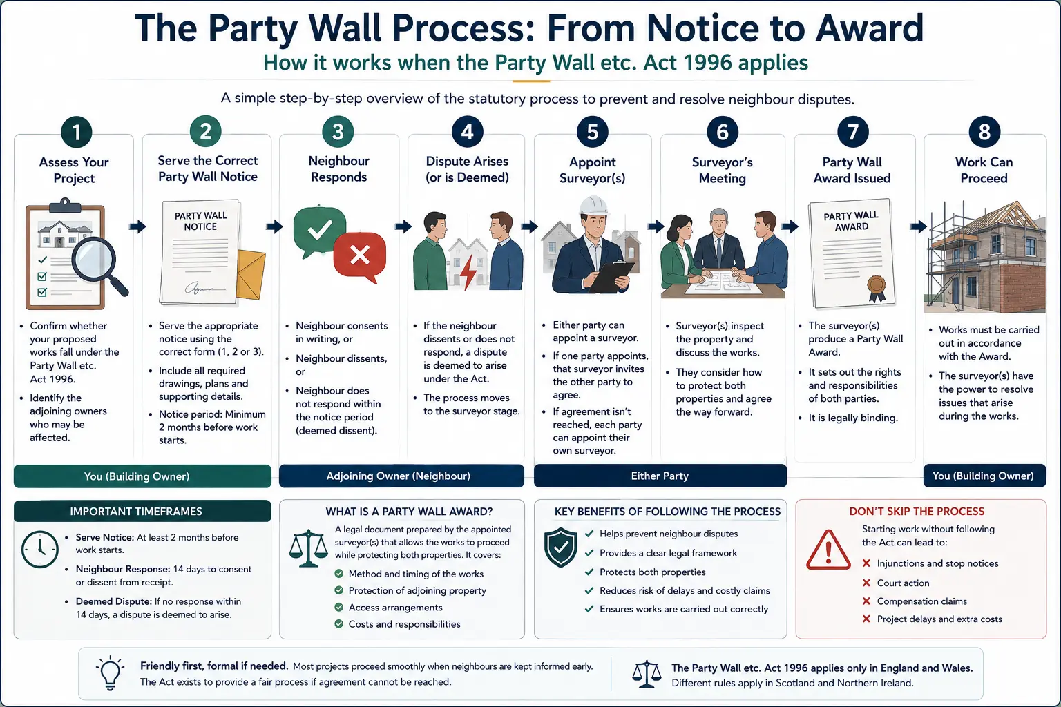 Do I Need a Party Wall Agreement? An infographic showing the party wall process from notice to award in a very interactive way for the citizens living in Stoke-on-Trent, UK