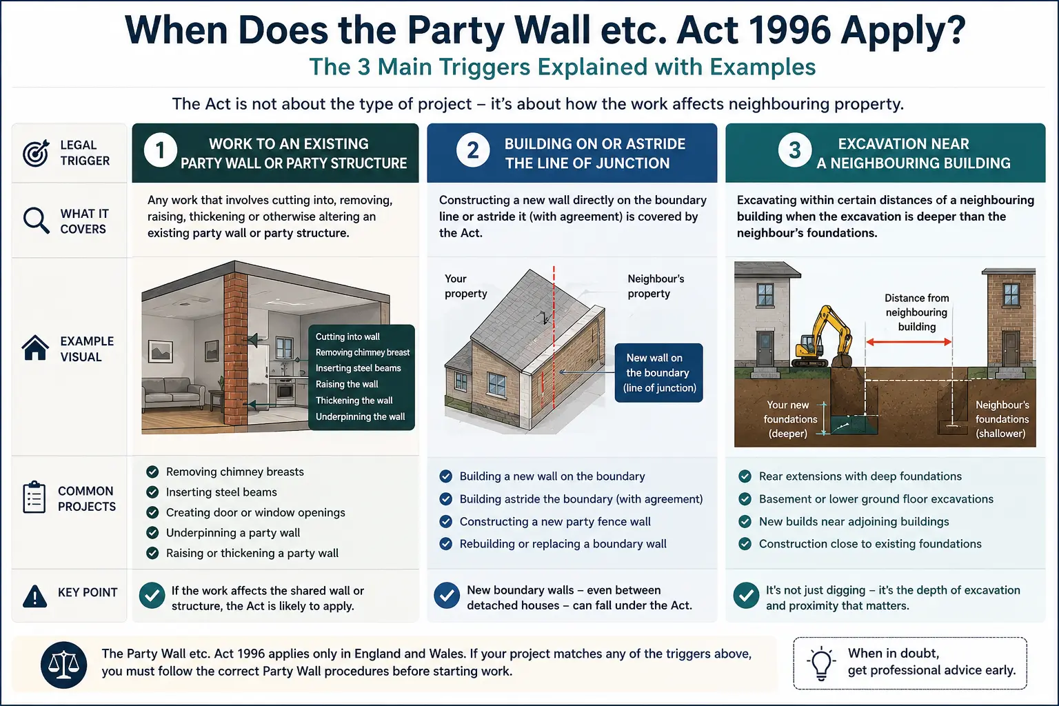 Do I Need a Party Wall Agreement? An infographic showing when does the party wall etc act 1996 apply like excavation, junction, painting, in Stoke-on-Trent, UK